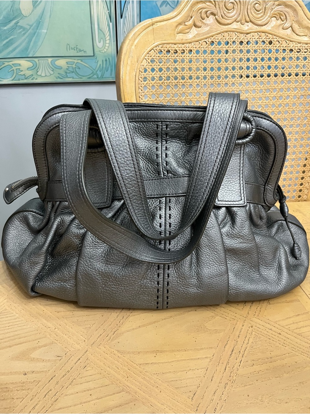 Cole Haan Large Metallic Gray Leather Satchel Handbag